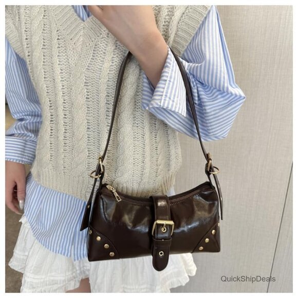 PU Leather Shoulder Bag with Adjustable Strap Studded Vintage Purse - Picture 2 of 6